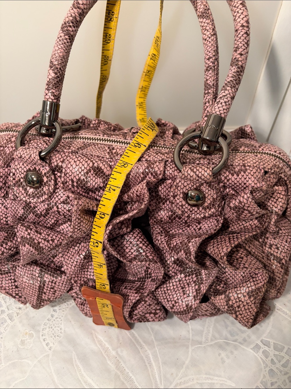 Y2K-era bebe Ruffle Snakeskin Satchel Handbag - Picture 7 of 11